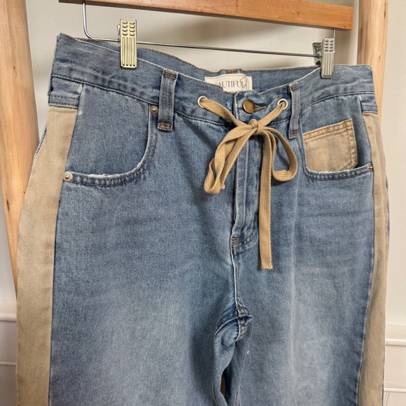 Beautiful Soul Light Wash Wide Leg Jeans Blue Tan Side Stripe Drawstring 32x29 - Picture 3 of 8